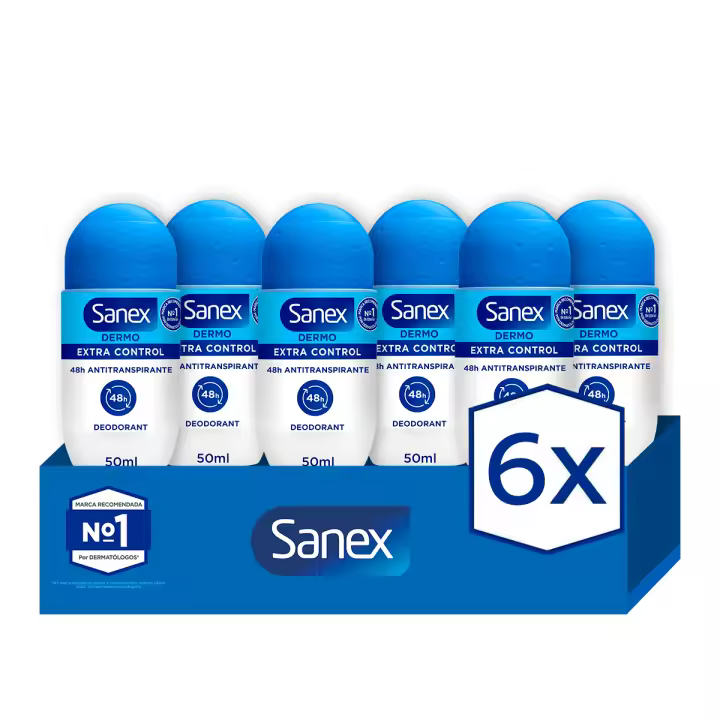 Desodorante roll-on Sanex Dermo Extra Control 48h 50ml Pack de 6 | Protección Antitranspirante con Micro Talco. Mantén la piel seca, fresca y protegida. - 1
