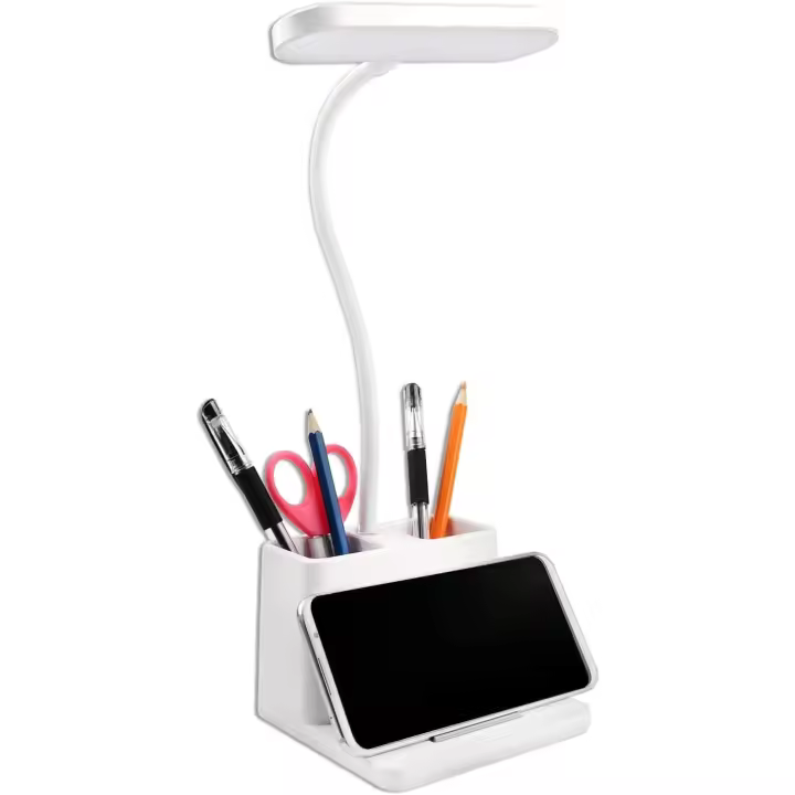 Lámpara de Escritorio LED  Recaragable, 3 Colores y 3 Brillos Ajustables, Cuello de Cisne 360°, Lampara Escritorio Con Portalápices y Soporte del Teléfono, para Estudio/Lectura/Trabajo, Blanco - 1