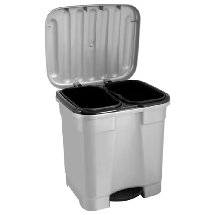 Tradineur - Cubo de basura con pedal y 2 compartimentos, plástico, contenedor basura, papelera con 2 cubos interiores, fabricado en España (Gris plata, 46 litros, 45,5 x 43,5 x 39 cm) - 1