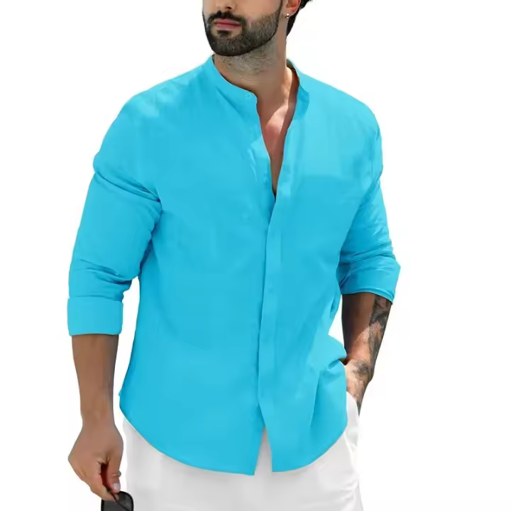 Camisa De Lino Para Hombre De Color Sólido Con Cuello Erguido Casual Cotton Manga Larga Botones Abiertos Estilo Beach - 1