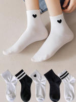 5 Pares De Calcetines Deportivos Casuales Para Mujer En Colores Negro Y Blanco Con Estampado Rayado Calcetines Tubo Medio Transpirables - details 3