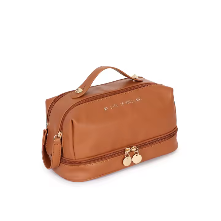 Bolsa de cosméticos de gran capacidad, bolsa de maquillaje de viaje de doble capa, bolsa de aseo portátil e impermeable para mujeres y niñas, Brown - 1