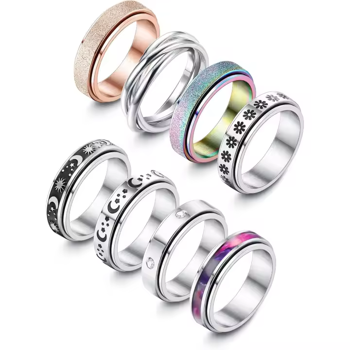 8Pcs anillos Maple Inoxidable para Mujer Hombres, anillos Giratorios Conjunto de anillos de Banda - 1