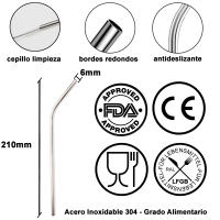 Set de 10 pajitas reutilizables de acero inoxidable + Cepillo de limpieza. Acero Inoxidable 304 grado alimentario, Cerfificacion CE y LFGB. - details 1