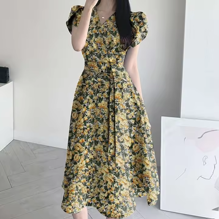 ZANZEA Vestido Midi Elegante Para Mujer Con Cintura Ajustada Estampado Floral Moda Coreana Manga Corta A-line Casual Fiesta - 1