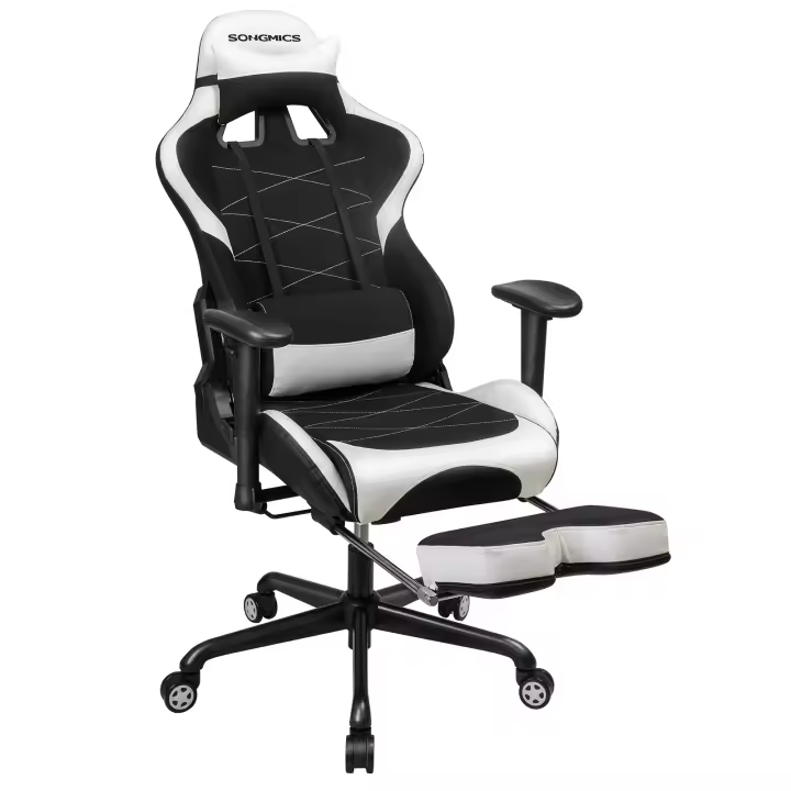 SONGMICS Silla Gaming, Silla Racing Ergonómica, Silla Giratoria de 360°, con Reposapiés, Reposacabezas, Cojín Lumbar y Respaldo Alto, Cuero Sintético, Altura Ajustable, Negro y Blanco - 1