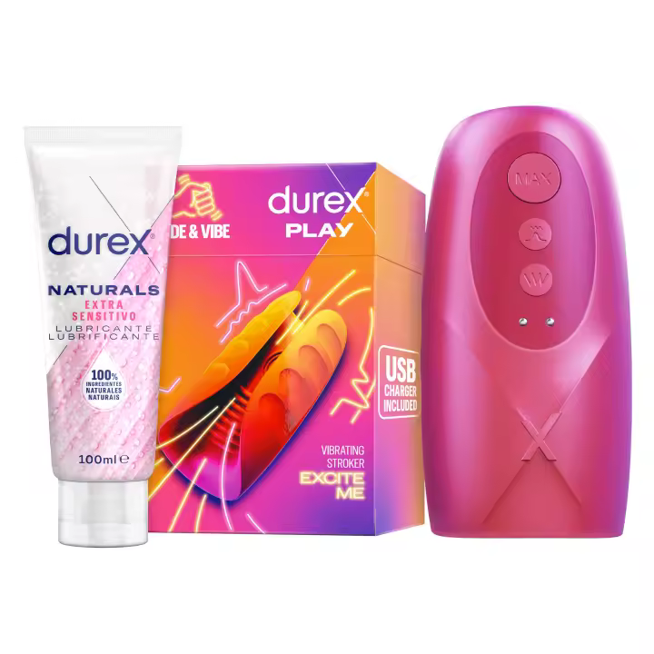 Durex - Masturbador de Pene, Vibrante y Suave, RIDE & VIBE + Lubricante Naturals Extra Sensitivo 100ml, Texturizado, Estriado, Juguete Sexual, Resistente al Agua - 1