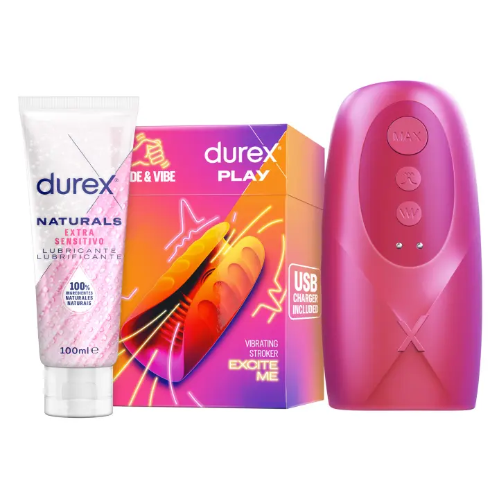 Durex - Masturbador de Pene, Vibrante y Suave, RIDE & VIBE + Lubricante Naturals Extra Sensitivo 100ml, Texturizado, Estriado, Juguete Sexual, Resistente al Agua - 1