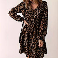 Vestido Largo De Manga Larga Con Estampado Leopardo Para Mujer Estilo Casual Europeo Y Americano Cuello En V Longitud De Rodilla - details 0