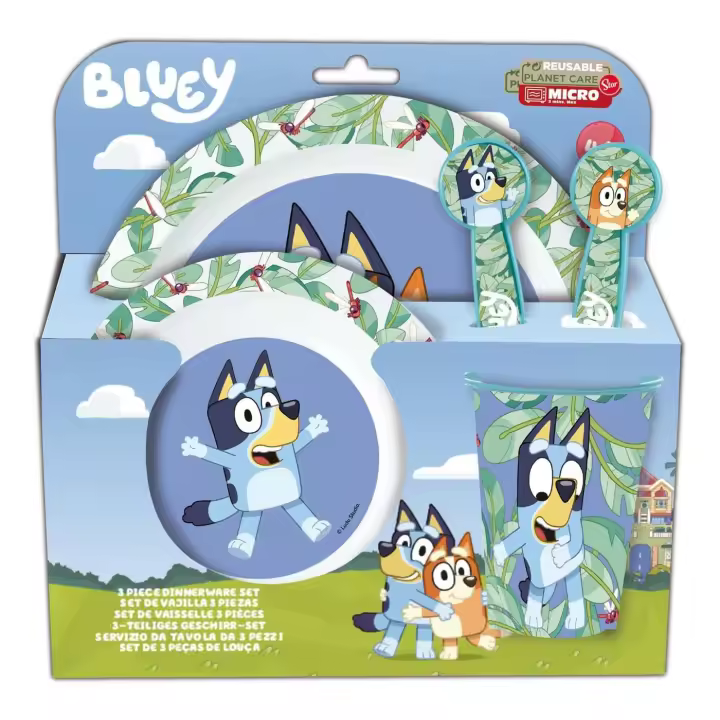 Set de Vajilla Bluey 5 piezas, Desayuno Infantil Bluey y Bingo Incluye Plato, Cuenco, Vaso y Cubiertos, Regalo para Niños y Niñas, Cumpleaños, Libre de BPA, Apto para Microondas - 1