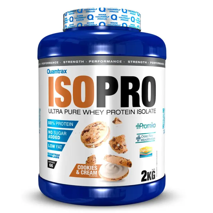 Quamtrax - Proteína ISOPRO - 2kg varios Sabores - ISOPRO marca el inicio de una era revolucionaria en suplementos alimenticios. Este aislado de proteína en polvo, respaldado por las patentes PROMIKO y DYGEZIME, redefine los estándares de pureza y rendimie - 1