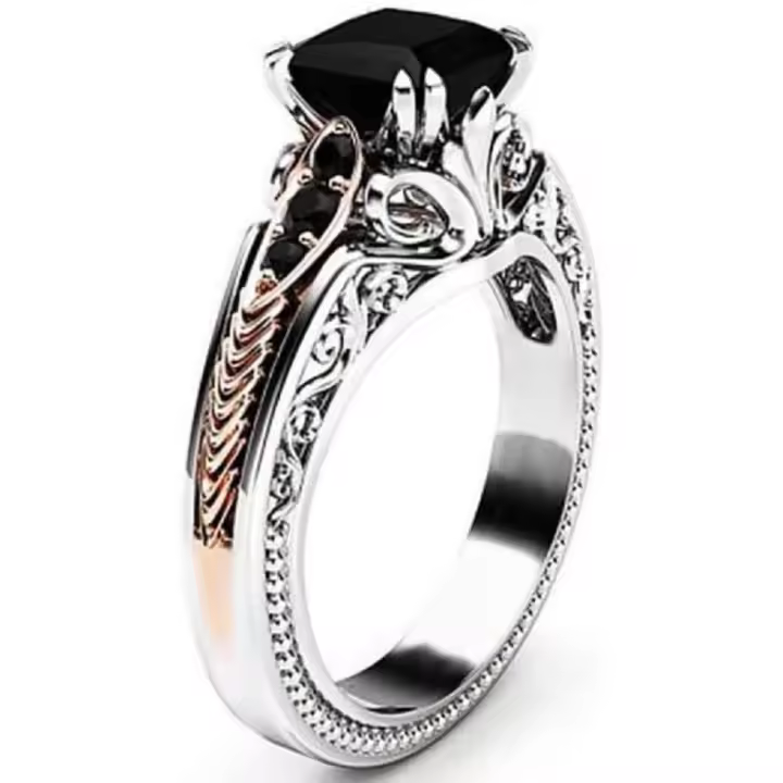 Anillo Eterno de Plata de Ley 925 con Turmalina Negra, Anillo de Cóctel, Anillo con Diamante Cuadrado, Anillo Retro de Diamantes para Mujer, Talla 7 - 1