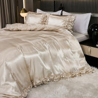 Set De Edredón Satinado 3PCS Colores Blanco Khaki Y Rosa Seda Suave Con Volantes Estilo Moderno Para Cama Conjunto De Ropa De Cama - details 24