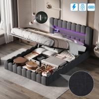 Cama canapé abatible 180x200 cm con cabecero LED, cama doble capitoné tapizada en lino gris con almacenaje - details 3