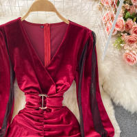 Vestido Bodycon De Veludo Negro/Rojo Para Mujer Vintage Con Cuello En V Y Mangas Largas Patchwork Midi De Otoño Invierno - details 3