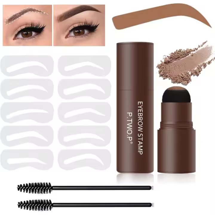 Kit de plantillas para cejas: Kit de modelado de cejas con sellos resistentes al agua, sombra en polvo 3 en 1 para la línea del cabello, herramientas de maquillaje con 10 plantillas reutilizables (marrón claro) - 1