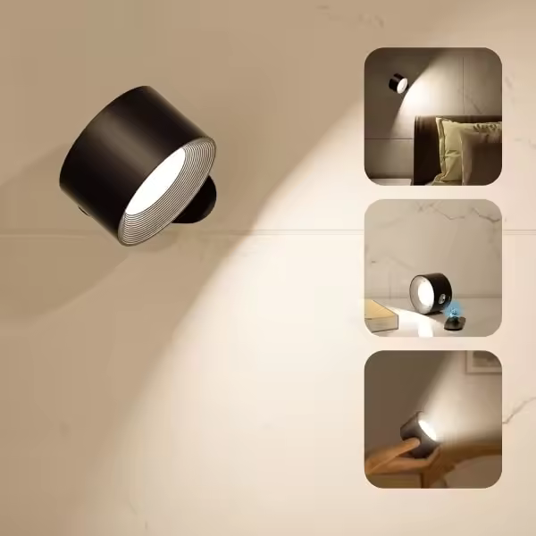 Lámpara de pared sin cable, lámpara LED de pared con batería recargable, control táctil, 3 temperaturas de color y 3 niveles de brillo, rotación de 360 °, negro - 1