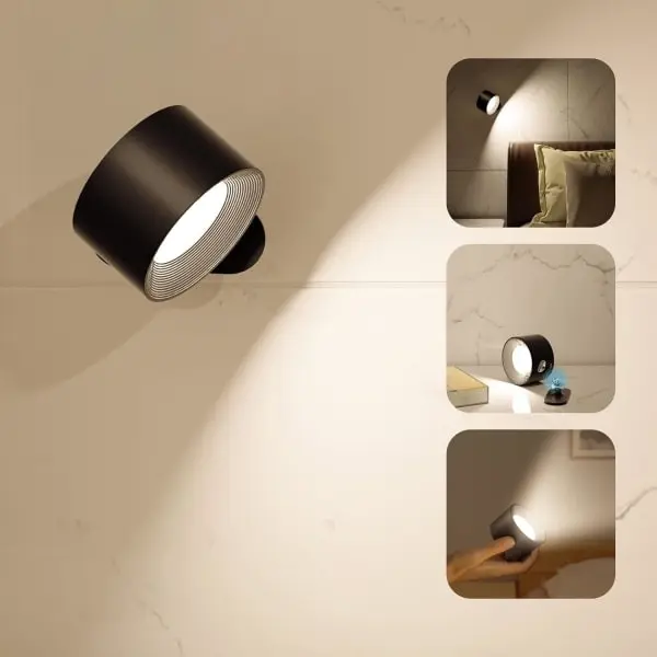 Lámpara de pared sin cable, lámpara LED de pared con batería recargable, control táctil, 3 temperaturas de color y 3 niveles de brillo, rotación de 360 °, negro - 1