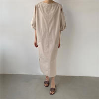 Vestido De Lino REALEFT Para Mujer Verano 2024 Estilo Minimalista Retro Cuello Redondo Manga Media Casual Vestido Recto Hasta La Rodilla - details 0