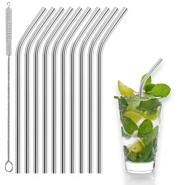 Set de 10 pajitas reutilizables de acero inoxidable + Cepillo de limpieza. Acero Inoxidable 304 grado alimentario, Cerfificacion CE y LFGB. - 1