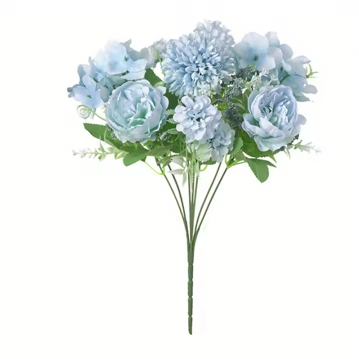 Artificial Flowers, 2 Bunches Fake Peony Silk Hydrangea Bouquet Decoration Plastic Carnation Daisy (Blue) - 1