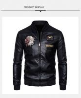 Chaqueta De Cuero Para Motociclista Para Hombre Impermeable Y Resistente Al Viento Con Cuello Erguido Bordado Ajustada Con Cremallera - details 5