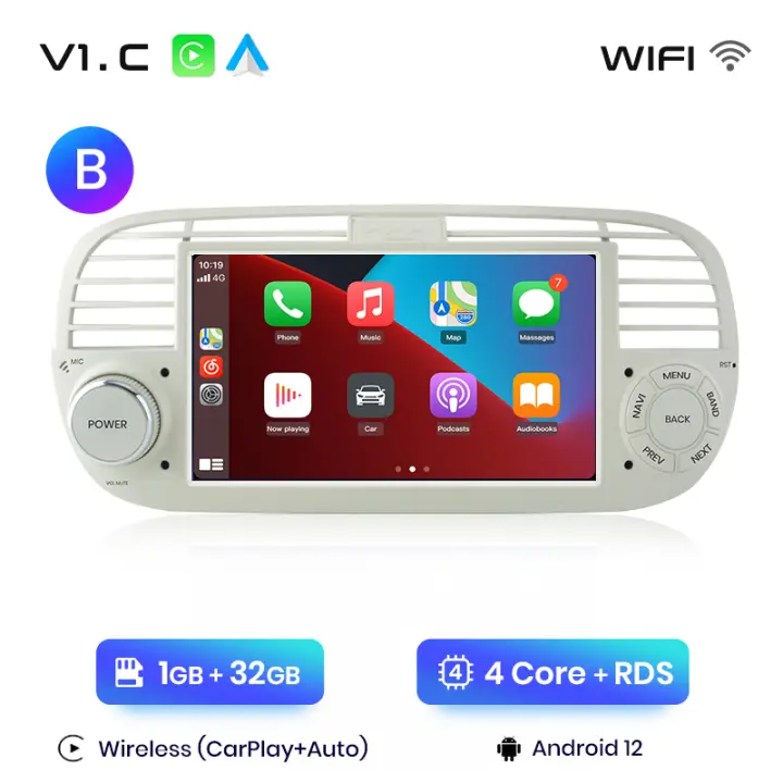 AWESAFE inalámbrico CarPlay Android Auto Radio para Fiat 500 2007 2008 2009 2010 2011 2012 2013 2014 2015 coche reproductor multimedia GPS 2 din autoradio volante controles RDS Bluetooth - 1