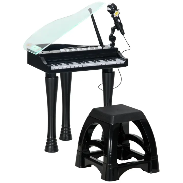 AIYAPLAY Piano Electrónico Infantil de 32 Teclas Juego de Piano con Micrófono Taburete Luces 22 Canciones 4 Sonidos Patas Desmontables y Volumen Ajustable 37x30,5x60,4 cm Negro - 1