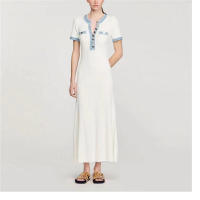 Vestido Maxi De Punto Elegante Para Mujer Con Cuello Redondo Y Manga Corta Botones Metálicos Ajustado Para Oficina Y Viajes - details 9