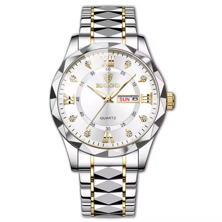 Reloj De Cuarzo Para Hombre BINBOND 2024 Auténtico Resistente Al Agua Con Espectro Nocturno Calendario Doble Y Puntos Diamantados Vidrio De Cristal Durável Estilo Lujo - 1