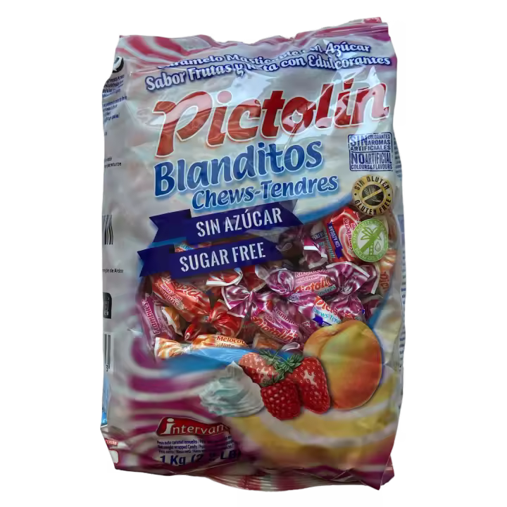 Pictolín Blanditos Sabor Frutas (Fresa, Frambuesa y Melocotón) y Nata Sin Azúcar Bolsa 1 kg con 200 caramelos aprx. - 1