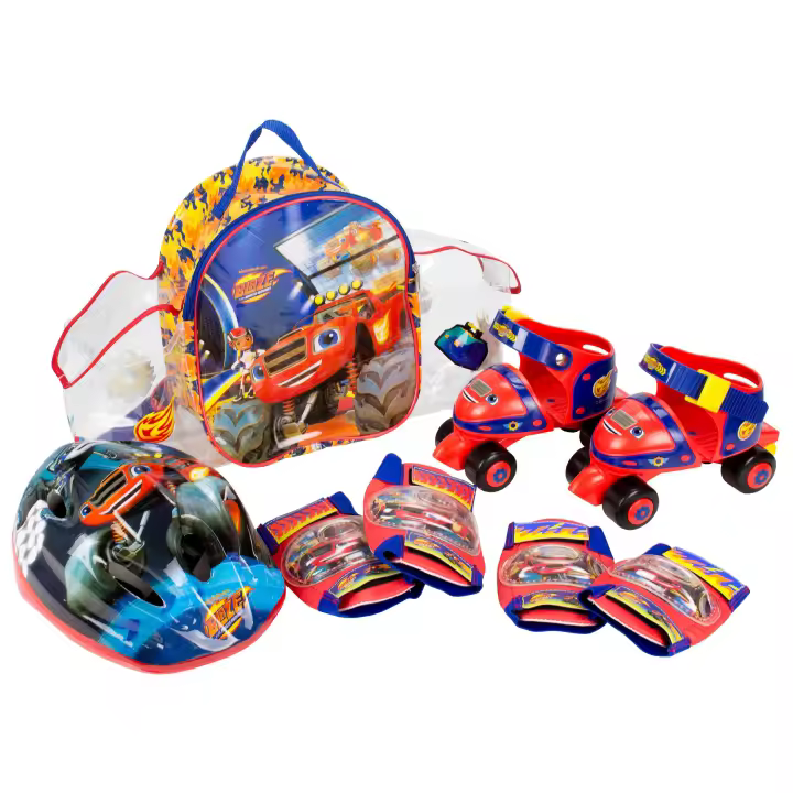 Mochila de Patines Infantiles Roller de 4 ruedas,Casco y Protecciones,con diseños de Blaze and the Monster Machines (2139)Patines tallas ajustables 24-29. Compuesto por rodilleras y coderas. Set completo y seguro. De acuerdo a la normativa CE. +3 años - 1