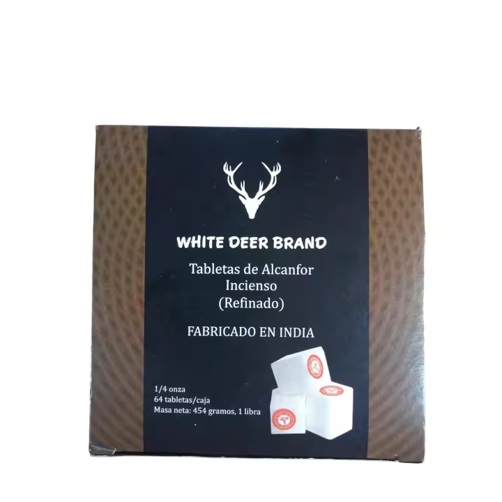 ALCANFOR WHITE DEER BRAND 64 UNID. El alcanfor White Deer Brand es un producto utilizado tradicionalmente para diversos fines, como aromaterapia, repelente de insectos y para aliviar dolores musculares leves. Viene en presentación de 64 tabletas - 1