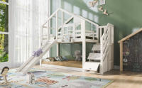 Cama Infantil Treehouse 90x200 cm, Litera Infantil, construcción de Ventana con tobogán y Protección Contra Caídas, Blanco, incluido. Pizarra - 2 somieres (colchón no incluido) - details 5