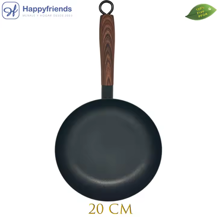 HAPPY FRIENDS Sartén de Hierro Antiadherente para inducción Ø20/22/24/26/28/30 CM. Libre de PFOA. Mango silicona Estilo Madera - 1
