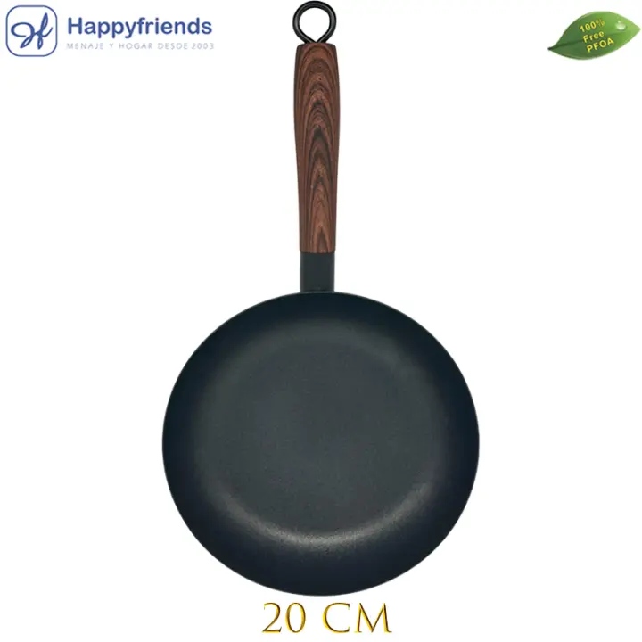 HAPPY FRIENDS Sartén de Hierro Antiadherente para inducción Ø20/22/24/26/28/30 CM. Libre de PFOA. Mango silicona Estilo Madera - 1