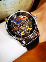 Reloj Mecánico Forsining De Lujo Con Esqueleto Y Tourbillon Para Hombres Con Correa De Cuero Genuino Zona Horaria Dual Fase De La Luna Resistente Al Agua Y Shock - details 9