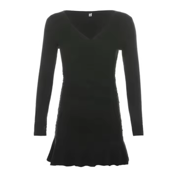 Vestido Mini Elegante De Mujer En Negro Con Cuello V Manga Larga Volantes Y Ajustado Estilo Y2k Para Otoño Ropa Moda - 1