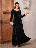 Vestido Largo De Veludo Para Mujer Elegante Vestido De Fiesta De Velours Lujo Con Cuello En V Manga Larga A-Line Pierna Ancha Polyester - details 5