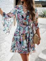 Vestido A-Line De Pierna Larga Para Mujer Con Estampado Floral Elegante Cuello V Manga Corta Estilo Casual Vestido De Verano Primavera - details 17