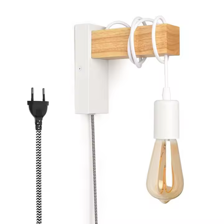 Barcelona LED Apliques de pared madera "RUDER" - Con interruptor y enchufe - E27 - 1