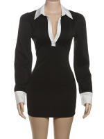 Vestido De Oficina Elegante Para Mujer Nibber Polo Cuello Redondo Patchwork Manga Larga Moda Sencilla De Calle Mini Bodycon - details 2