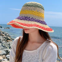 Sombrero De Pescador De Hilo Colorido Hecho a Mano Para Mujer Sombrero De Sol De Primavera Verano Al Aire Libre Con Visera Sombrero De Playa Plegable De Paja Arco Iris - details 3