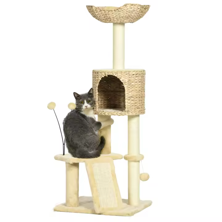 PawHut Árbol Rascador para Gatos de 116 cm Torre para Gatos Interior con Postes para Rascar Cama Cueva de Espadañas Rampa y Bolas 45x40x116 cm Beige - 1