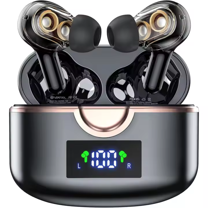 Auriculares Bluetooth 4 controladores dinámicos Auriculares inalámbricos 40 horas de reproducción con pantalla LED Estuche de carga Control táctil Auriculares internos con micrófono Auriculares premium de graves profundos para deportes Negro - 1