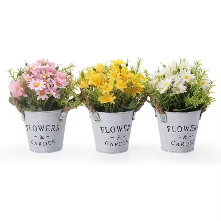 Flores artificiales para interiores, 3 piezas, flores artificiales con maceta de metal, decoración de plantas artificiales para exteriores, bodas, mesas de oficina, jardín, regalo para el nuevo hogar, margarita - 1