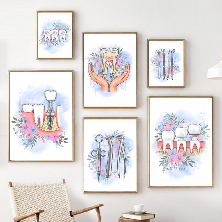 Pintura De Muro En Lienzo Con Anatomía Dental Floral Y Caduceo Regalo Para Dentista Arte Dental Para Decoración De Clínica