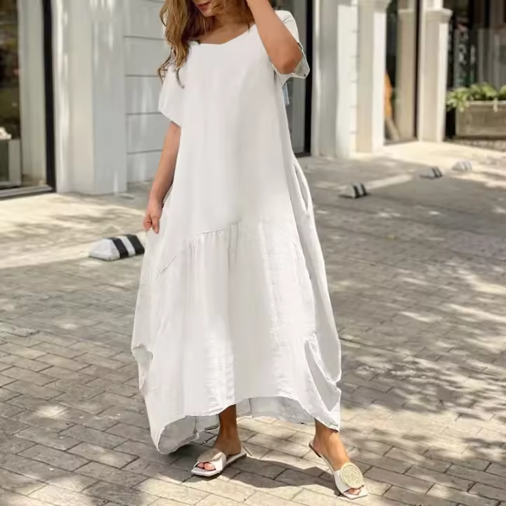 Vestido De Verano Para Mujer Estilo Literario Color Sólido Algodón Lino Suéter Cuello Redondo Casual Con Bolsillos Laterales Longitud Del Vestido Floor-Length - 1