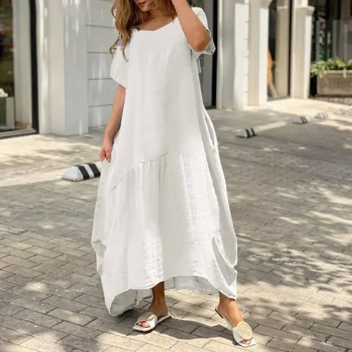 Vestido De Verano Para Mujer Estilo Literario Color Sólido Algodón Lino Suéter Cuello Redondo Casual Con Bolsillos Laterales Longitud Del Vestido Floor-Length - 1