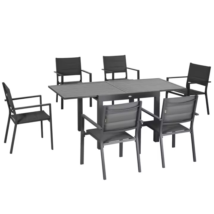 Outsunny Conjunto Muebles de Jardín 7 Piezas Juego de Comedor Exterior con Mesa Extensible y 6 Sillas Apilables Marco de Aluminio y Asiento de Texteline 90-180x89x74 cm Gris - 1